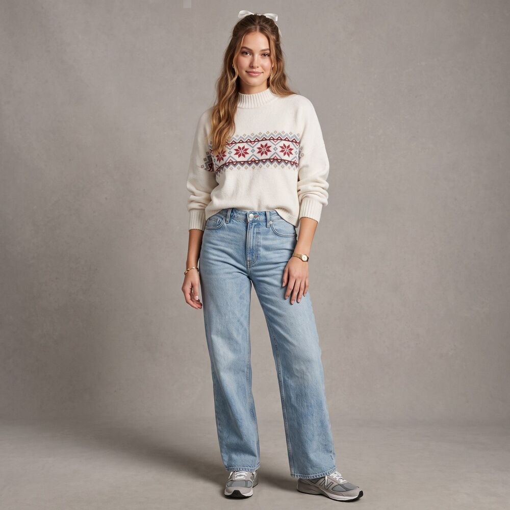 Hollister Co.Mock Neck Cropped Knit Sweater Cream Burgundy XL